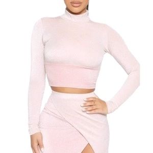 Naked Wardrobe Long Sleeve Turtleneck Crop Top On The Glow PINK/SILVER Glitter